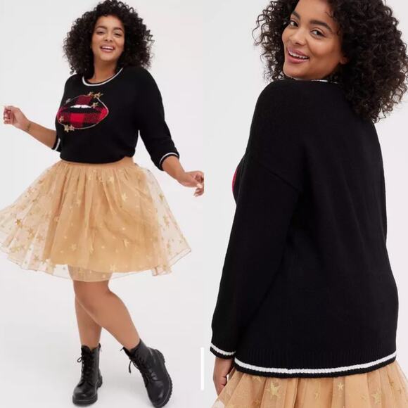 Torrid Black Pullover Crew Neck Sweater with Lips & Sequin Stars - Picture 2 of 11